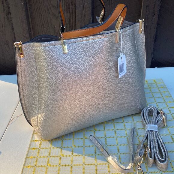 None Handbags - Gold Faux Leather Bag with Crossybody Strap NWT